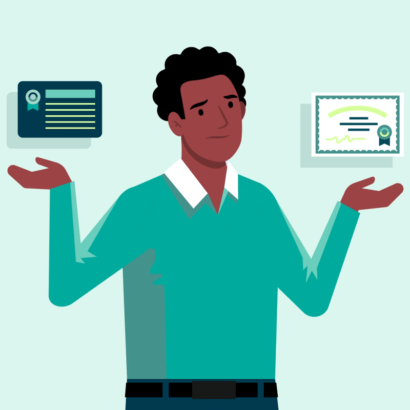 A person looks confused while weighing two different credentials in their hands.
